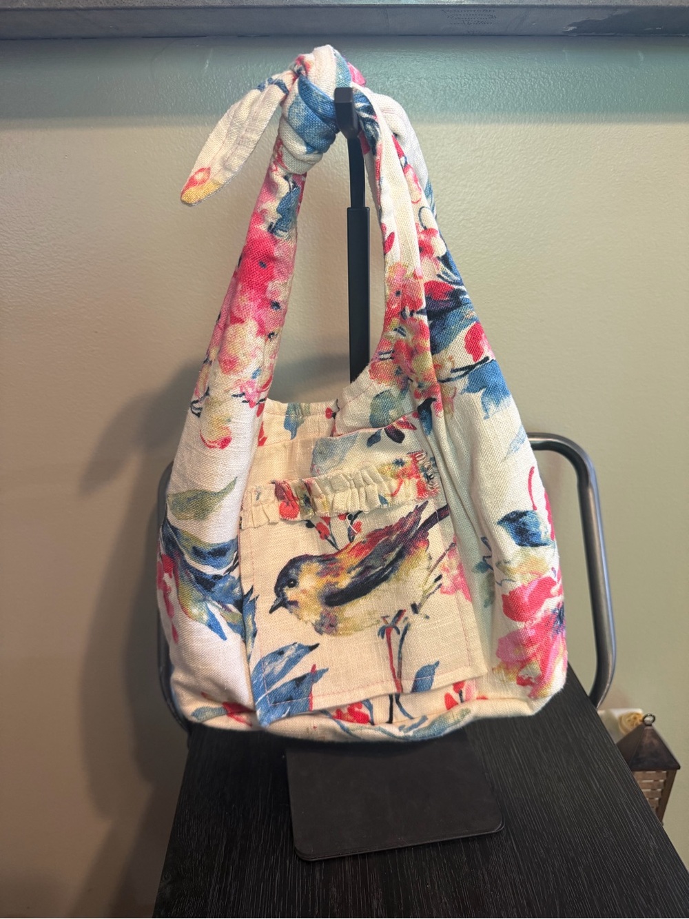 Nautical by Nancy Floral Bird Print Hobo Tote Bag Cottagecore Linen Look